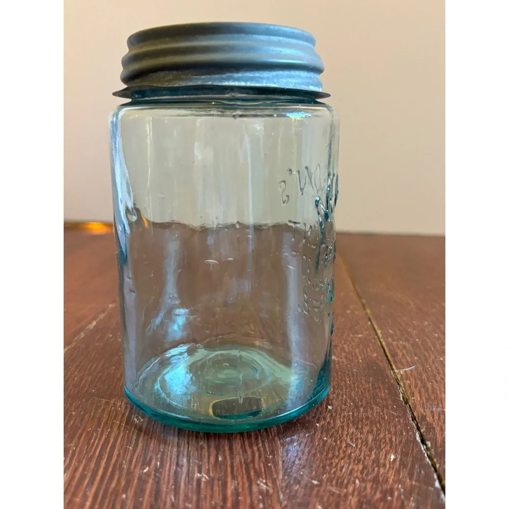 Antique Aqua Mason's Patent Nov 30th 1858 Quart Fruit Jar Zinc Lid Bubbles